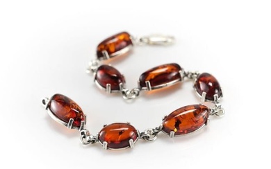 Sterling Silver and Cognac Baltic Amber 7in cabochon Bracelet Two sized beads