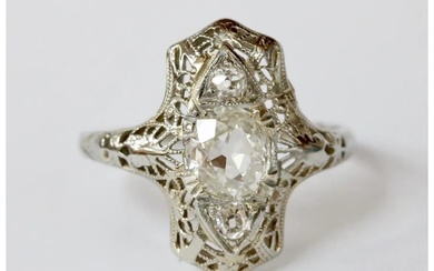 Stunning Art Deco 18K White Gold Filigree Three Diamonds Shield...