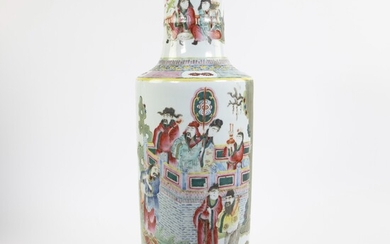 Tall porcelain Chinese rouleau vase, finely painted in polychrome enamels to depict immortals on a log boat and various figural scenes, Tongzhi period