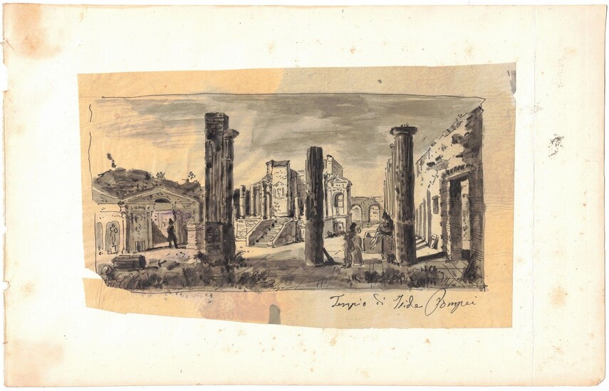 Temple d'Isis à Pompéi, XVIIIe/XIXe siècle Dessin sur papier, encre brune 10x16,8 cm Peintre du...