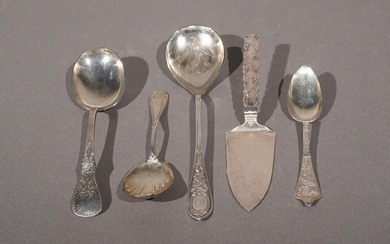 Three Danish 830-Silver, Including IK Jensen, Flatware Pieces with Two German 800-Silver Table and Serving Articles L longer spoon 10 3/8 in. (26.4 cm.), Combined 9.7 ozt