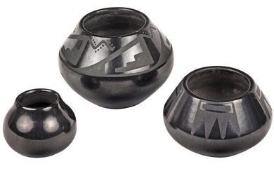Three San Ildefonso Black on Black Pots