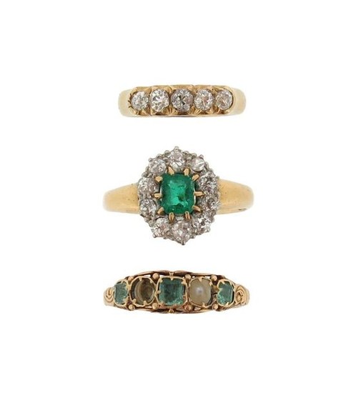 Three gem-set gold rings, including a diamond five-stone...