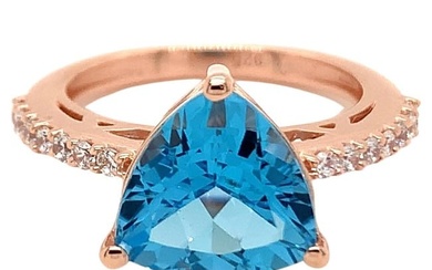 Trillion Natural Swiss Blue Topaz with Cz Rose Gold over Sterling Silver Ring