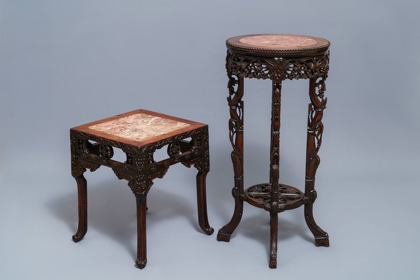 Two Chinese carved wooden stands with marble tops,…