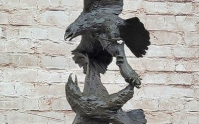Two Eagles in Flight - Bronze Sculpture on Marble Base by Milo