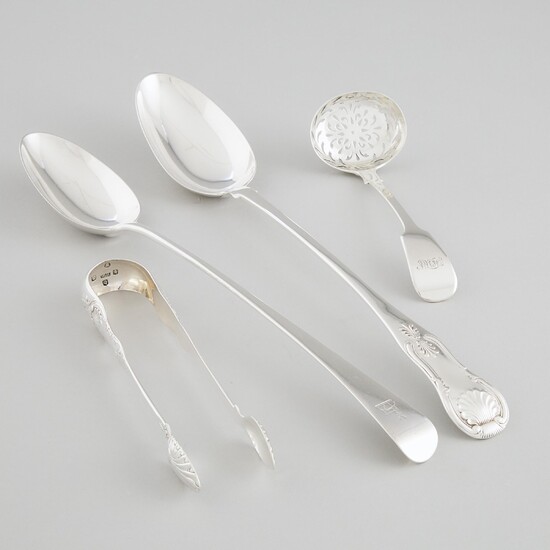 Two Georgian Silver Serving Spoons, William Sumner I, London, 1801 and Marshall & Sons, Edinburgh, 1821, Sugar Tongs, William Russell II, Glasgow, 1833, and a Sifting Ladle, William Bateman II, London, 1835