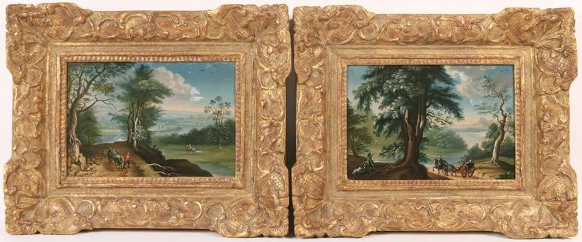 Two Oils on Panel, Coaching Scene in Landscape