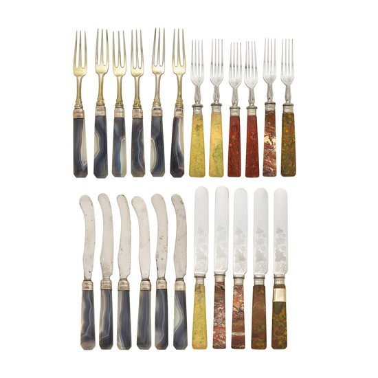 Two Sets of Metal and Hardstone Fruit Forks and Knives