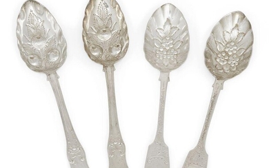 Two pairs of Victorian silver berry spoons, the first Glasgow, c.1848, Alexander Coghill, 23.2cm long, the second London, c.1860, Charles Boyton II, both with repousse decorated to shaped bowls, 21.5cm long, total weight approx. 8.4oz (4)