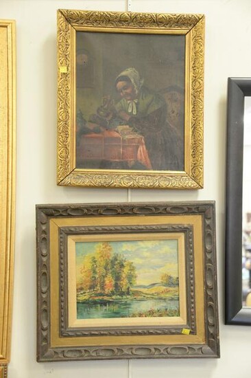 Two piece lot to include 19th C. oil on canvas interior