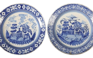 Two plates with blue painting Wohl 19th century, beige faience shards, white tin glaze, the flag with floral and geometrical ornaments in blue, the mirror with architectural elements in landscape design, unmarked, d: 27 and 27,5 cm. Several times over...