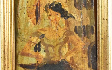 UNATTRIBUTED; oil on panel, a lady with a drum, 22...