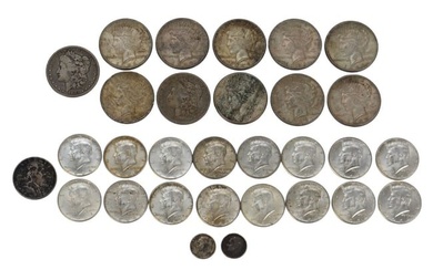 US 90% Silver Coins 19.70 Face Value. 2 Morgan Dollars 1883 & 1884 O, 9 Peace Dollars 1923 and