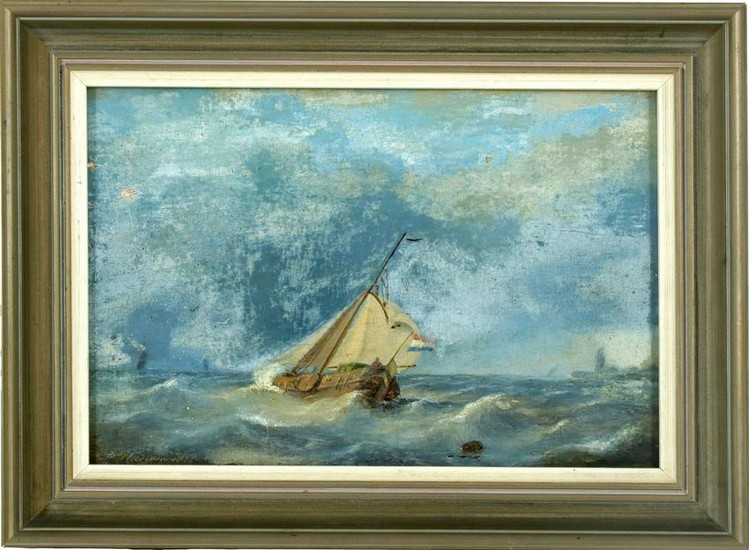 Unclear signed, Dutch cutter on turbulent sea, 1876