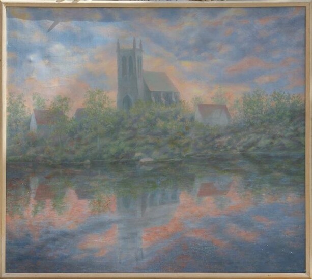 Unknown Artist, Church Across a River, Acrylic on