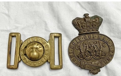 VICTORIAN GRENADIER GUARDS CARTRIDGE BOX PLATE AND A BRASS B...