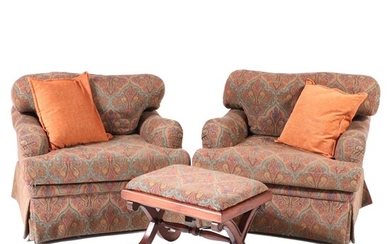 Vanguard Paisley Upholstered Lounge Chairs with Curule Stool
