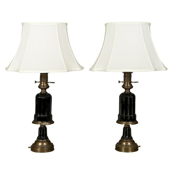 Victorian faceted black glass table lamps