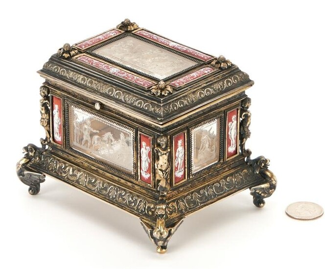 Viennese Gilt Silver, Enamel and Crystal Casket
