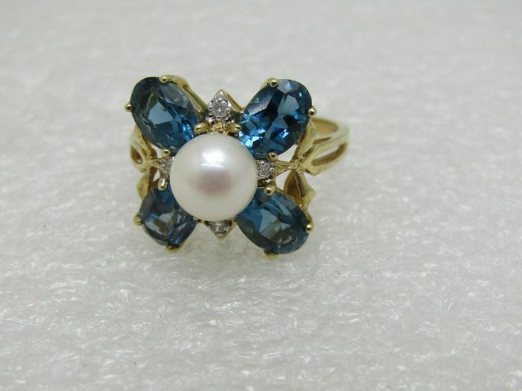 Vintage 10kt Blue Topaz Pearl Diamond Ring, Signed DR