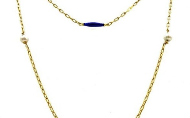 Vintage Artisan Enamel Pearl Yellow Gold Chain Necklace