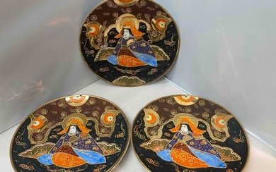Vintage Japan Hand Painted Enamel Moriage Porcelain Plates Set of 3
