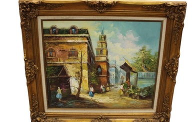 Vintage sg. oil on canvas in carved wood and gesso frame