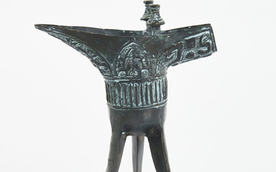 WINE OFFERING VESSEL, so called "jue", China, bronze, archaizing.