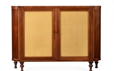 Y A GEORGE III MAHOGANY AND SATINWOOD SIDE CABINET, IN THE MANNER OF THOMAS SHERATON, CIRCA 1790