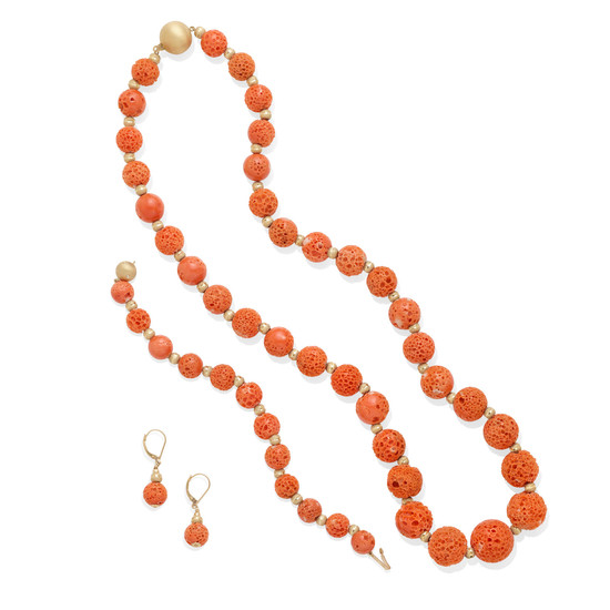 a coral and gold bead necklace, bracelet and ear clips set