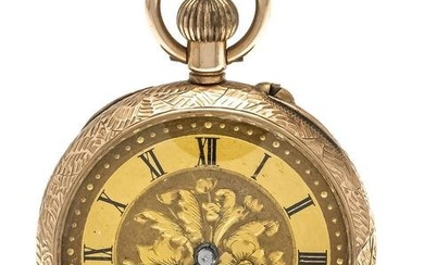 open ladies pocket watch 375/000RG, 2 lids gold, case and back floral engraved, with free heraldic