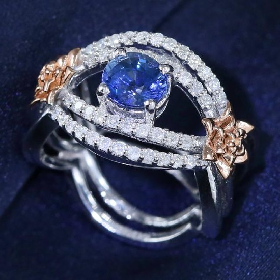 14 K White Gold GIA Cert. Blue Sapphire and Diamond