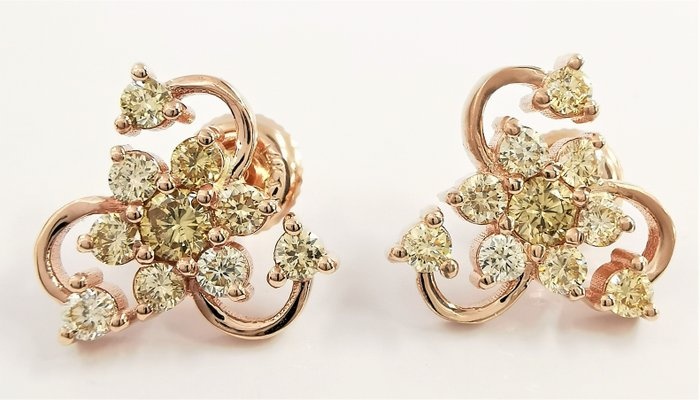 0.40 ct fancy greenish yellow & 1.00 ct vs fancy mix color diamonds designer stud earrings - 14 kt. Pink gold - Earrings Diamond - Diamonds, AIG Certified