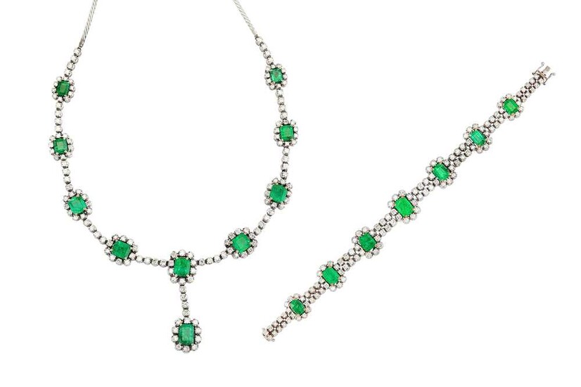 An emerald and diamond pendant necklace and bracelet suite...