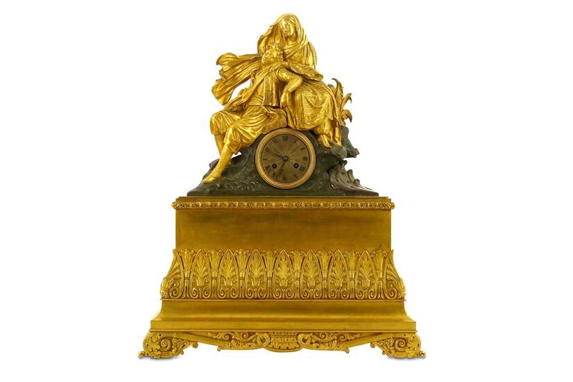 A GILT AND PATINATED BRONZE FIGURAL CLOCK WITH BYRON...