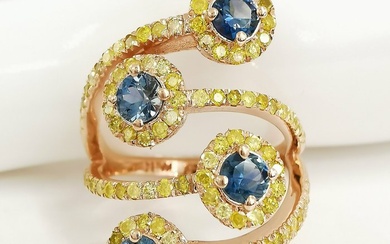 1.10 ct Blue Sapphire & 1.00 ct N.F.I.Yellow - N.F. Vivid Yellow Diamond Designer Ring - 4.87 gr - 14 kt. Pink gold - Ring - 1.10 ct Sapphire - Diamonds