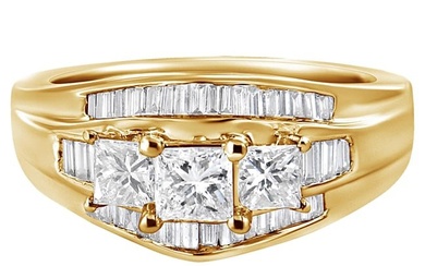 14K Yellow Gold 1 1/2 Carat Princess and Baguette-Cut Diamond 3-Stone Ring