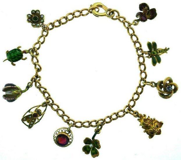14K Yellow Gold Chain Charm Gemstones Bracelet