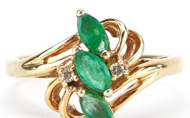 14K gold emerald and diamond naturalistic crossover ring, si...