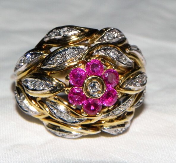 18 kt. Gold - 750 gold floral ring London with diamonds and rubies - Diamonds