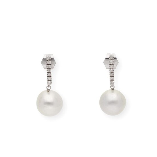 18 kt. Gold, South sea pearl, White gold, 10.95 mm - Earrings - 0.30 ct Diamond