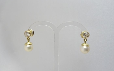 18 kt. Yellow gold - Earrings - 0.90 ct Diamond - Pearl