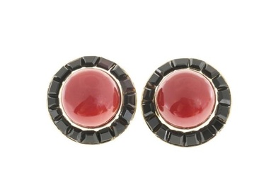 18K Yellow Gold Red Coral & Black Onyx Earrings