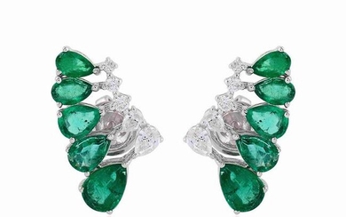 18k White Gold Earrings HI/SI Diamond Pear Emerald