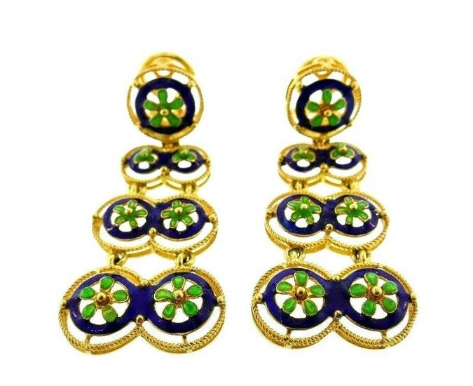 18k Yellow Gold & Enamel Dangle Earrings Italian