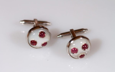 White gold cufflinks with mother-of-pearl and rubies