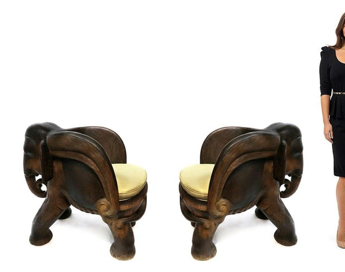 19th C. Large Pair of Carved Elephant Form Chairs