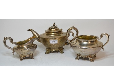 19th Century silver three piece tea service of circular squa...