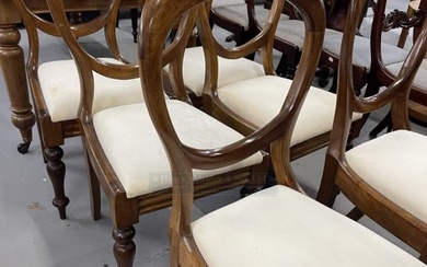 19th cent. Mahogany balloon back dining chairs on sabre...